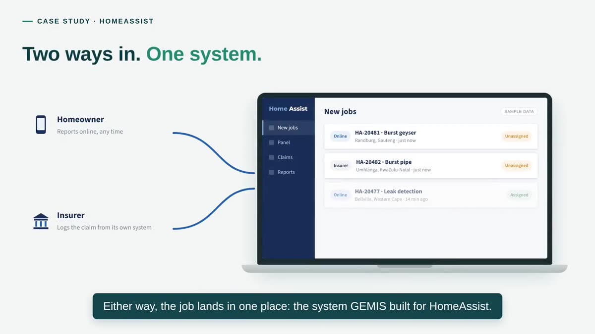 Still from the HomeAssist case study video: jobs arriving from homeowners and insurers in one system.