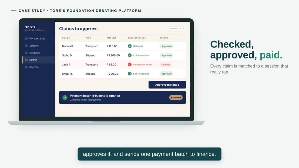Checked, approved, paid — illustrated in the Tore's Foundation case study video